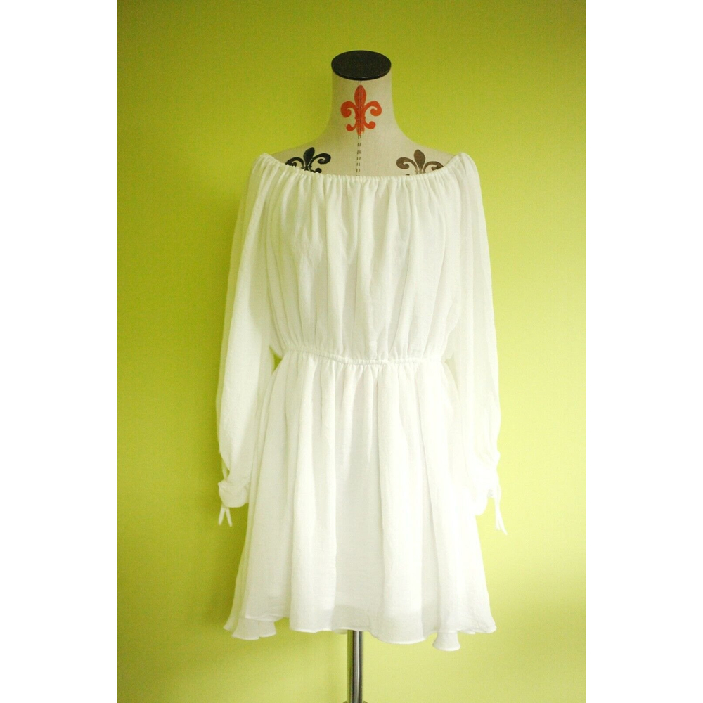 GLAM Sz L White Off Shoulder Mini Dress Flare 3/4 Balloon Bat Sleeve